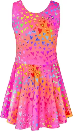 Girls Swimsuits Size 10-12 Years Old One Piece Skirted Bathing Suit Rainbow Pink Heart Summer Swim Dress