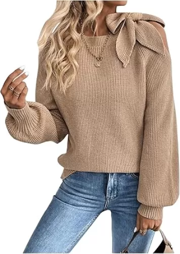 GORGLITTER Women's Bow Sweater Cut Out Tie Shoulder Long Sleeve Knit Pullover Tops Fall Fashion