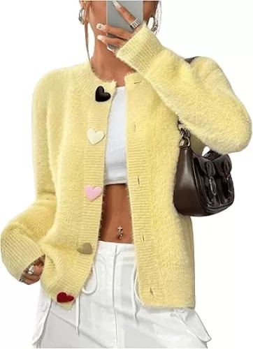 GORGLITTER Women's Heart Button Open Front Cardigan Lightweight Fuzzy Cardigan Sweaters Long Sleeve Knit Top Outerwear
