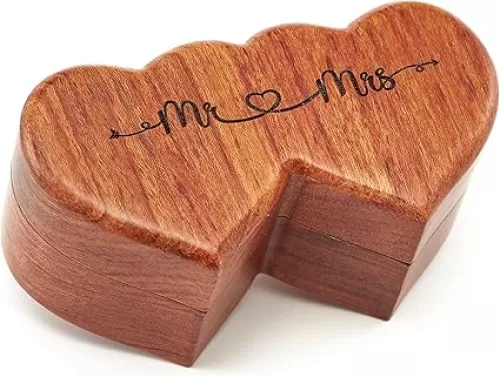 Handicraftviet Ring Box Mr and Mrs – Handmade Heart Shape Ring Box for Wedding Ceremony, Wedding Ring Holder Small Engraved for Engagement/Proposal, Rustic Ring Boxes (Wood Ring Holder)