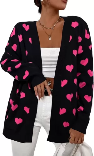 Heart Cardigan Sweater for Women Oversized Valentine Cardigan Cute Love Print Open Front Knit Sweaters Coat with Pockets