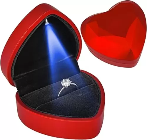 Heart Ring Box with LED Light, Luxury LED Lighted Engagement Ring Box, Velvet Earrings Jewelry Case with Light, Jewelry Display Box for Wedding, Engagement, Proposal, Birthday and Anniversary-Red