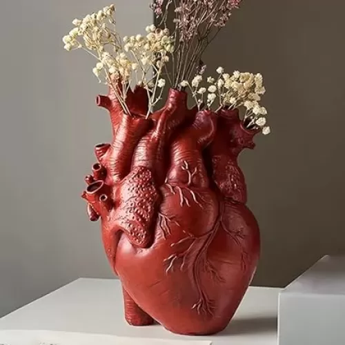 Heart Shaped Flower Vase Realistic 3D Human Heart Design Flower Pot Unique Decor for Home, Office or Garden Creative Medical Anatomy Sculpture for Plant Display (Red)