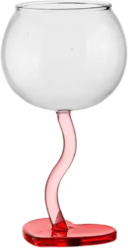 Heart Shaped Wine Glass with Red Stem & Romantic Heart-Base - 6.3 Inches Tall Crystal Lead-Free Goblet, Pink & Clear Glass Gift for Women, Friends, Girlfriends Wedding Anniversary Valentines Day (A1)