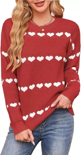 Heart Sweater for Women Long Sleeve Kawaii Knitted Crewneck Pullover Sweaters Cute Valentines Sweater