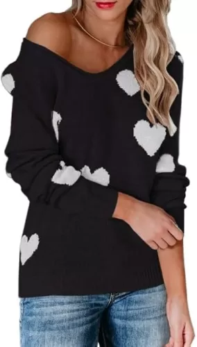 Heart Sweater for Women Love Knitted Top Casual Long Sleeve Sweater Pullover 2025 Black&White-L