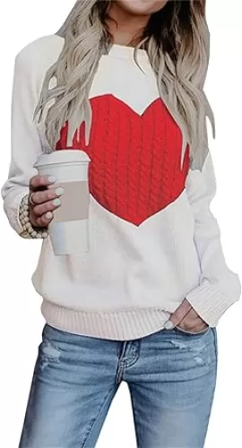 Heart Sweater for Women Red Sweaters Crewneck Long Sleeve Lightweight Cute Knit Pullover Tops Knitwear