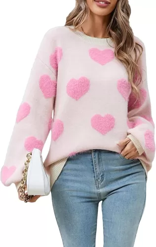 Heart Sweater for Women Valentines Cute Print Crewneck Long Sleeve Oversized Love Sweaters Knit Pullover Tops