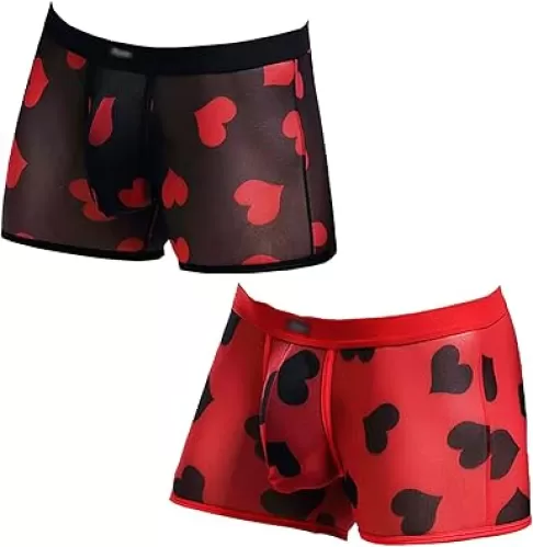 HELX Mens Sexy Underwear See Through Transparent Boxers Briefs Hearts Lips Print Mesh Lingerie Cool Trunk