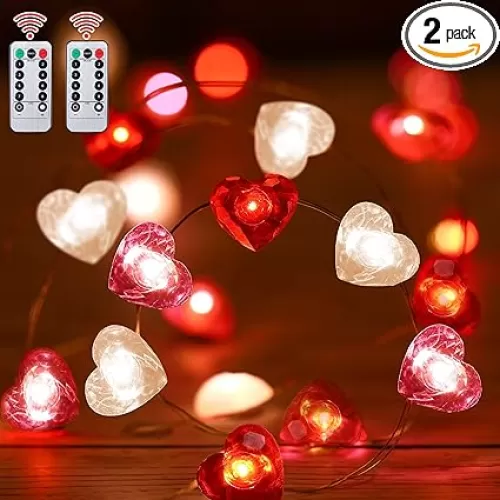 Hiboom 2 Pcs Valentine‘s Day Heart String Lights with Timer 10 Feet 30 LED Heart Shaped Twinkle Fairy Light 8 Modes Battery Operated for Valentine‘s Day Bedroom Wedding Decor (Red Pink White)