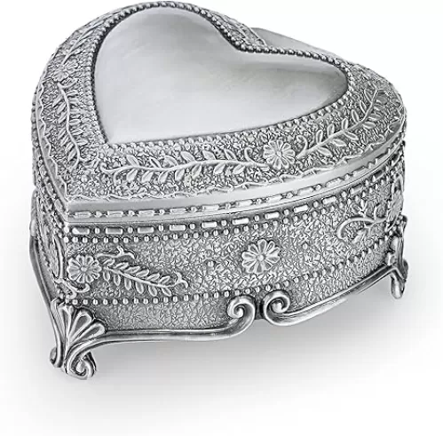 Hipiwe Vintage Heart Shape Jewelry Box - Antique Ring/Earrings/Necklace Storage Organizer Case, Metal Treasure Chest Trinket Keepsake Gift Box for Women And Girls, Medium