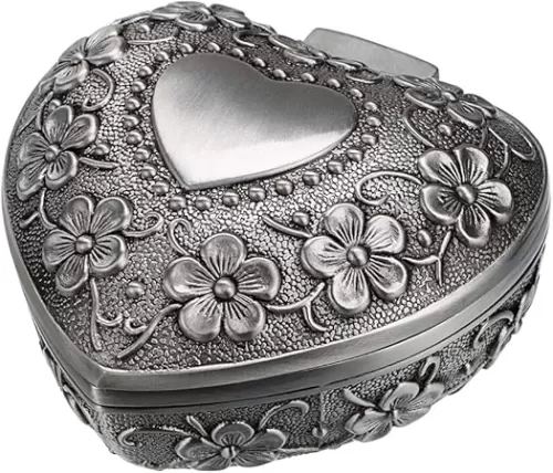 Hipiwe Vintage Heart Shape Jewelry Box - Small Antique Ring/Earrings/Necklace Storage Organizer Case, Metal Treasure Chest Trinket Keepsake Gift Box for Women And Girls