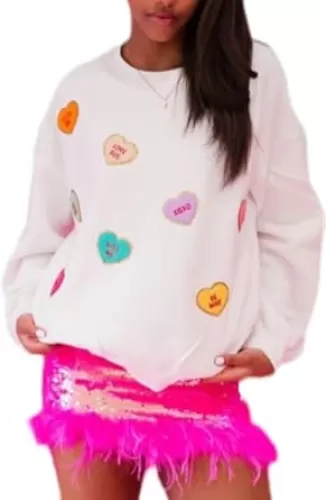 Holiday Pink Heart Love Shirts for Women Girls Cute Bow Letter Sweater Tops Long Sleeve Sequin Graphic Sweatshirts