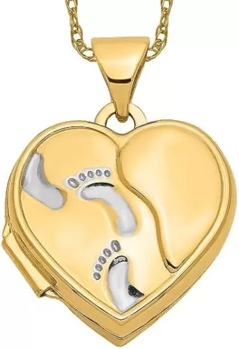 IceCarats 14K Solid Two Tone Yellow White Gold Heart Love Foot Prints Personalized Photo Locket Necklace Picture Pendant Charm