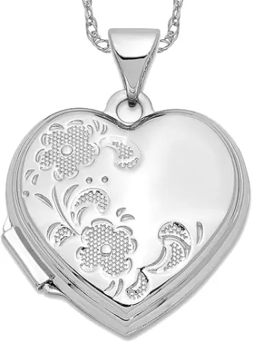 IceCarats 14K Solid White Gold Flower Heart Love Personalized Photo Locket Necklace Picture Pendant Charm