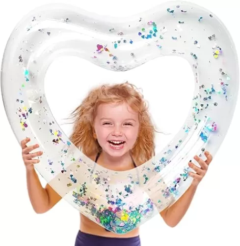 Inflatable Pool Float for Kids Heart Swimming Rings for Children, Suitable for Pool Parties Water Beach Toys, Birthday and Party Arrangements (Transparent+Glitter)