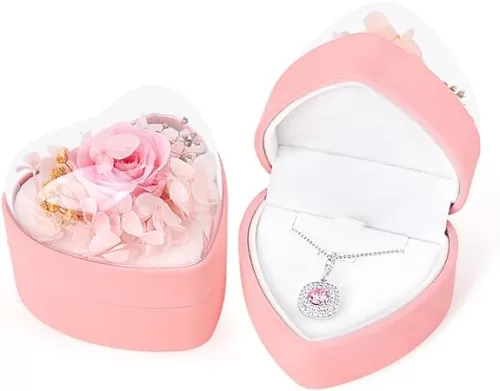 iSuperb Heart Shape Pendant Box Preserved Flower Rose Necklace Case Velvet Jewelry Box Gift Box for Wedding Anniversary Birthday (Pink)
