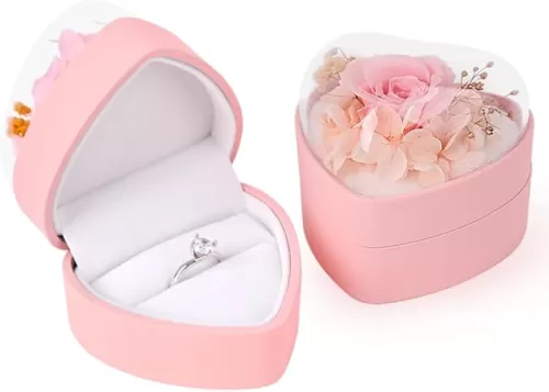 iSuperb Heart Shape Ring Box Preserved Flower Rose Ring Case Velvet Jewelry Box Gift Box for Wedding Anniversary Birthday (Pink)