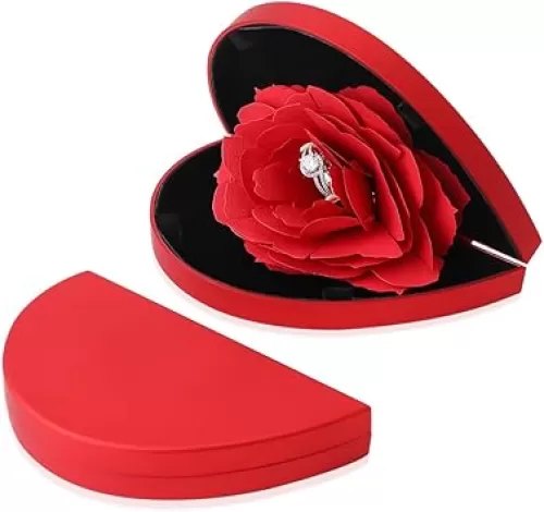 iSuperb Heart Shape Ring Box With Preserved Red Rose Flower Ring Case Velvet Jewelry Gift Box for Mother's Day Girlfriend Wife Wedding Anniversary