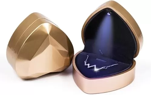 iSuperb Pendant Necklace Box with LED Light Heart Shape Jewelry Gift Box Bracelet Case for Anniversary Wedding Engagment (Golden)