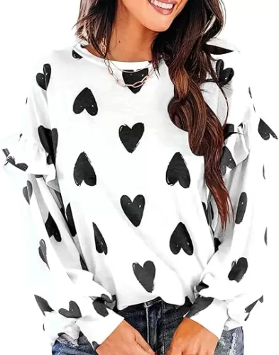 Ivay Women Valentines Day Shirts Love Heart Printed Cute Tops Crewneck Long Sleeve Tshirts Graphic Tees