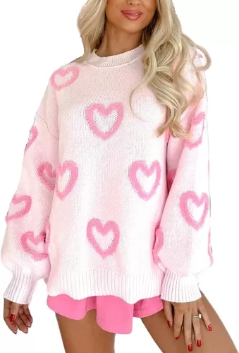 KMBANGI Women Heart Print Sweater Romantic Oversized Knitted Shirt Valentine Love Graphic Long Sleeve Pullover Top