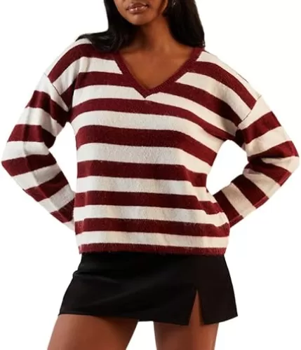 LA Hearts Women's Striped V-Neck Sweater