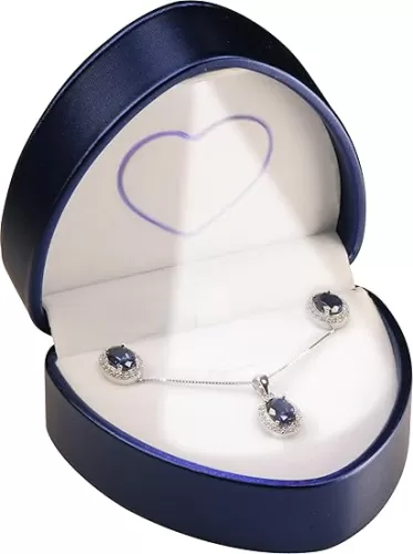 LED Necklace Earrings Box for Engagement, Wedding…Unique Designed Heart to Heart Idea PU Leather Heart Shaped Necklace Pendant Earring Jewelry Gift Holder Box with Light for Men for Women (Blue)