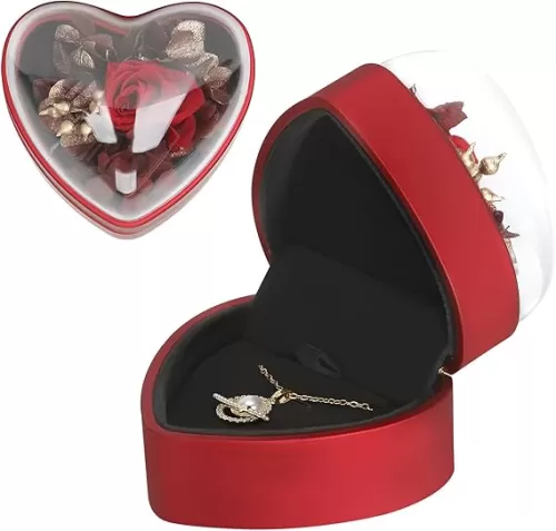 LETURE Creative Heart Shaped Pendant Necklace Gift Box with Flower, Small Jewelry Display Case for Proposal Engagement Wedding Valentine