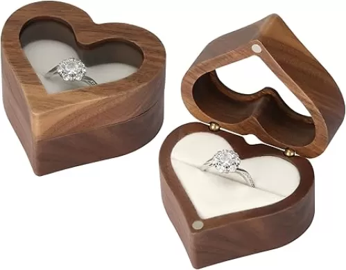 LETURE Wood Ring Display Box with Transparent Cover Single Slot 2 Slot, Heart Shaped Personalized Wooden Jewelry Box for Proposal Engagement Wedding Ceremony Anniversary (White - 1 Slot)