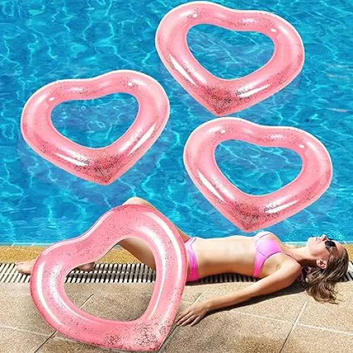 Leyndo 4 Pieces Inflatable Heart Pool Floats for Adults 47.3 x 39.4 Inch Heart Shaped Swim Ring Cute Pool Tube Water Beach Party Pool Toys for Summer Swimming Luau Party Birthday(Glitter Rose Gold)