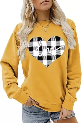 Love Black White Plaid Love Heart Sweatshirt Women Valentines Day Spring Fall Couple Stylish Sweatshirts Coat
