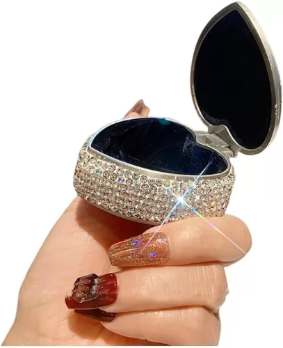 Luxury Bling Rose Heart-Shaped Jewelry Box - Small Diamond-Inlaid Ring Case & Portable Earring Organizer (Silver)