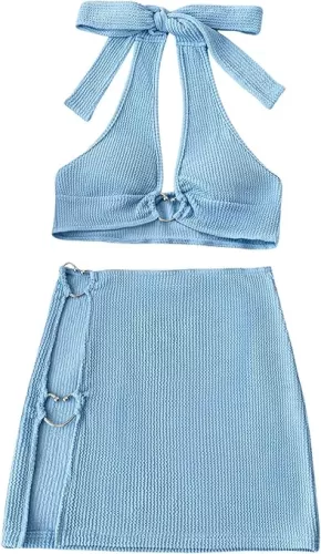 MakeMeChic Women's 2 Piece Cover Up Sets Halter Tie Back Heart Ring Beach Bathing Suit Coverup