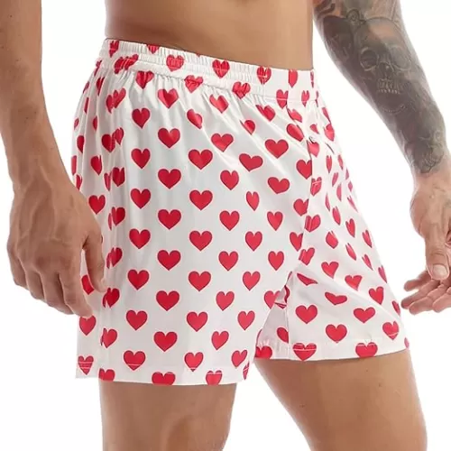 Mens Satin Love Heart Boxer Shorts Loungewear Sleep Shorts Underwear Silky Pajama Bottoms