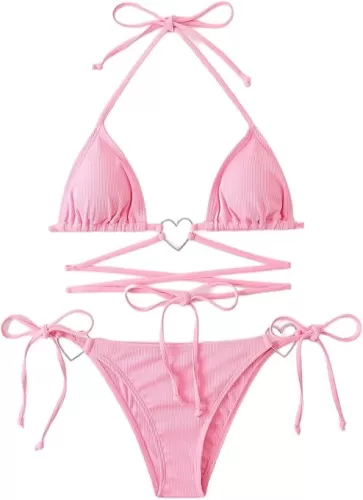 Milumia Women Two Piece Heart Ring Linked Bikini Set Lace Up Tie Halter Swimsuit