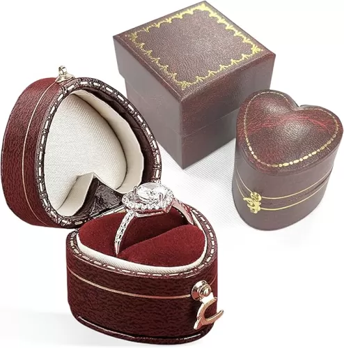Mini Vintage Ring Box Classical Style Heart-Shaped Small Jewelry Holder For Proposal Engagement Wedding Anniversary (Red)