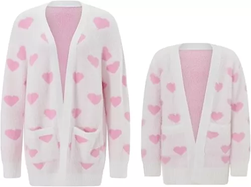 Mom and Daughter Matching Clothes Women Little Girls Heart Cardigan Sweater Valentine