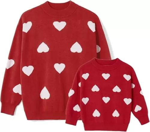 Mommy and Me Matching Sweaters Outfits Heart Graphic Sweater Family Matching Clothes Long Sleeve Pullover Tops