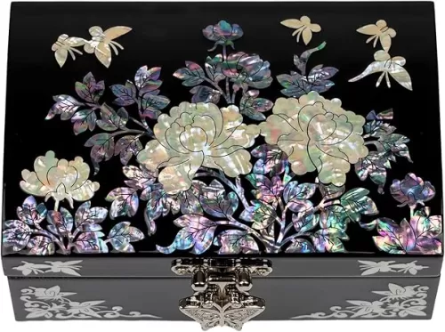 Mother-of-Pearl Jewelry Box – Black Lacquered Keepsake with Floral & Butterfly Design, Red Velvet Interior & Mirror – Romantic Valentine's Day Gift, Elegant Mother's Day Present for Women