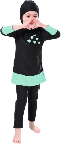 Muslim Swimsuit for Girls Kids 2 Pieces Modest Islamic Swimwear Burkini Full Cover Hijab Long Sleeve Heart Print Hooded Top Pants Swimming Cap Costume Conservative Beachwear Bathing Suit Black 6-7Y