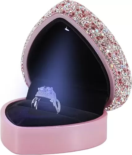 Naimo Rhinestone Heart Shaped Engagement Ring Box Velvet Holder Earrings Coin Jewelry Box Case with LED Lighted up for Proposal Wedding Birthday Gift