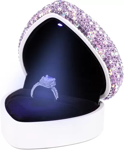 Naimo Rhinestone Heart Shaped Ring Box with LED Light Velvet Earrings Coin Jewelry Box Display Case Gift Box for Proposal Engagement Wedding Anniversary Valentines