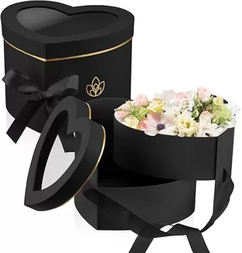 Nuanchu 2 Pcs Valentine‘s Day Heart Shaped Flower Box with Transparent Window Paper Floral Boxes with Lids Ribbons Double Layers Rotating Gift Box for Arrangements, 9.1 x 7.9 x 6.5 Inch(Black)