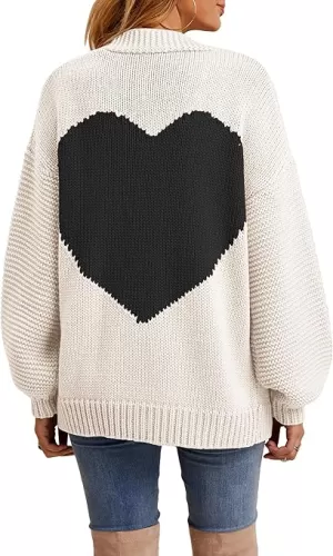 Nulibenna Women Knitted Heart Patch Open Front Long Sleeve Chunky Oversized Cardigan Sweater Loose Valentine Outerwear Coat