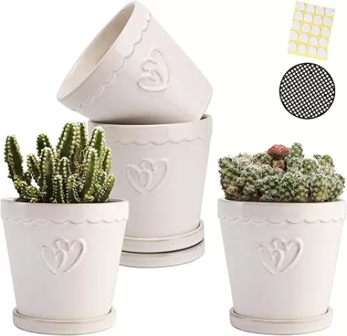 OMAYKEY 4.5 Inch Ceramic Plant Pots with Ceramic Saucer, Cute Heart Pattern Flower Planters with Drainage Hole & Mesh Pads for Succulent, Cactus, Herbs, Set of 4