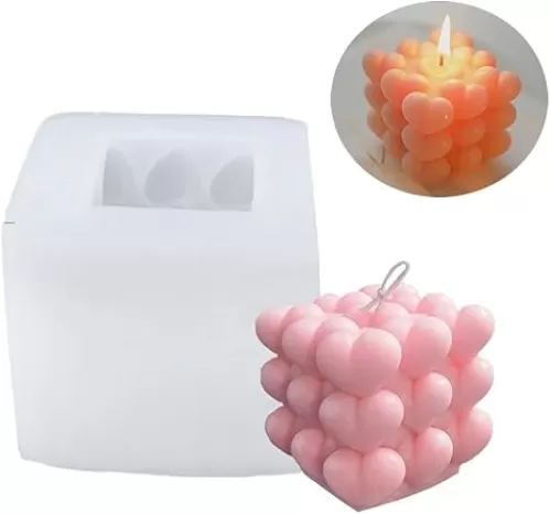 Ovatt 3D Heart-Shaped Cube Candle Mold, Food Grade Silicone Bubble Candle Mold for Crafts, DIY Soaps, Candles and Cake Decoration