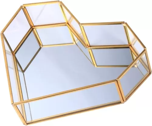 PartyKindom 1 PC Vintage Heart Shaped Glass Tray Golden Copper Bar Design Decorative Storage Tray for Jewelry Cake and Dessert Accessory for Living Room and Bedroom