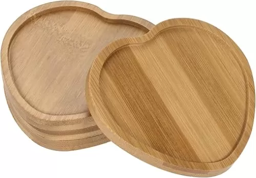 PATIKIL Plant Pot Saucer, 4 Pack Bamboo Heart-Shaped Flower Drip Tray for Indoors