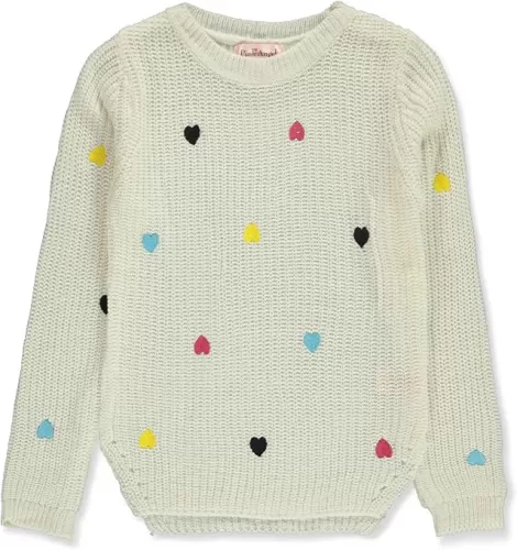 Pink Angel Girls' Rainbow Hearts Sweater - White, 5-6